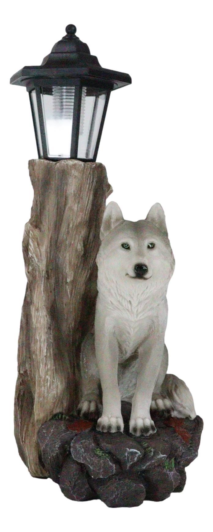 Ebros Gift Woodlands Lone Gray Wolf Greetings Figurine Solar LED Light Lantern Welcome Lamp