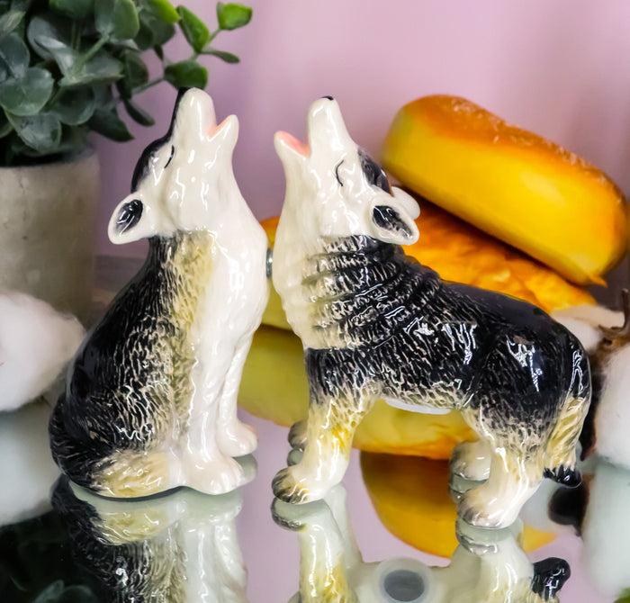 ebros gift Woodlands Spirit Gray Wolf Pups Moon Howling Ceramic Salt And Pepper Shakers Set
