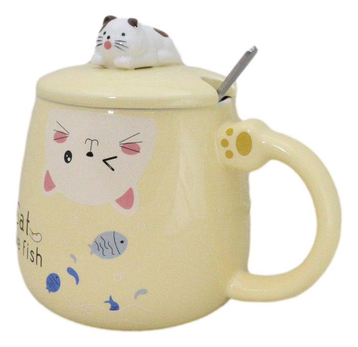 Ebros Gift Yellow Calico Cat Love Fish Coffee Mug Cup With Spoon And Kitten Knob Lid 15oz