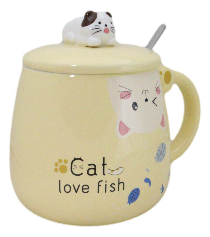 Ebros Gift Yellow Calico Cat Love Fish Coffee Mug Cup With Spoon And Kitten Knob Lid 15oz