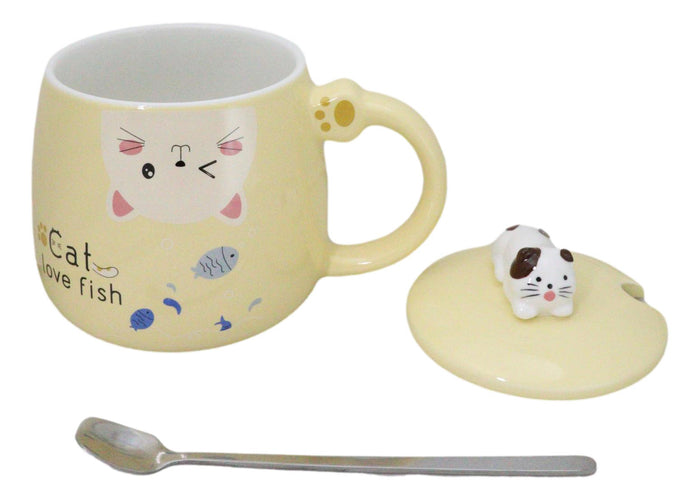 Ebros Gift Yellow Calico Cat Love Fish Coffee Mug Cup With Spoon And Kitten Knob Lid 15oz