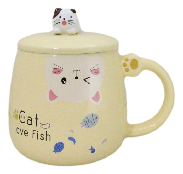 ebros gift Yellow Calico Cat Love Fish Coffee Mug Cup With Spoon And Kitten Knob Lid 15oz