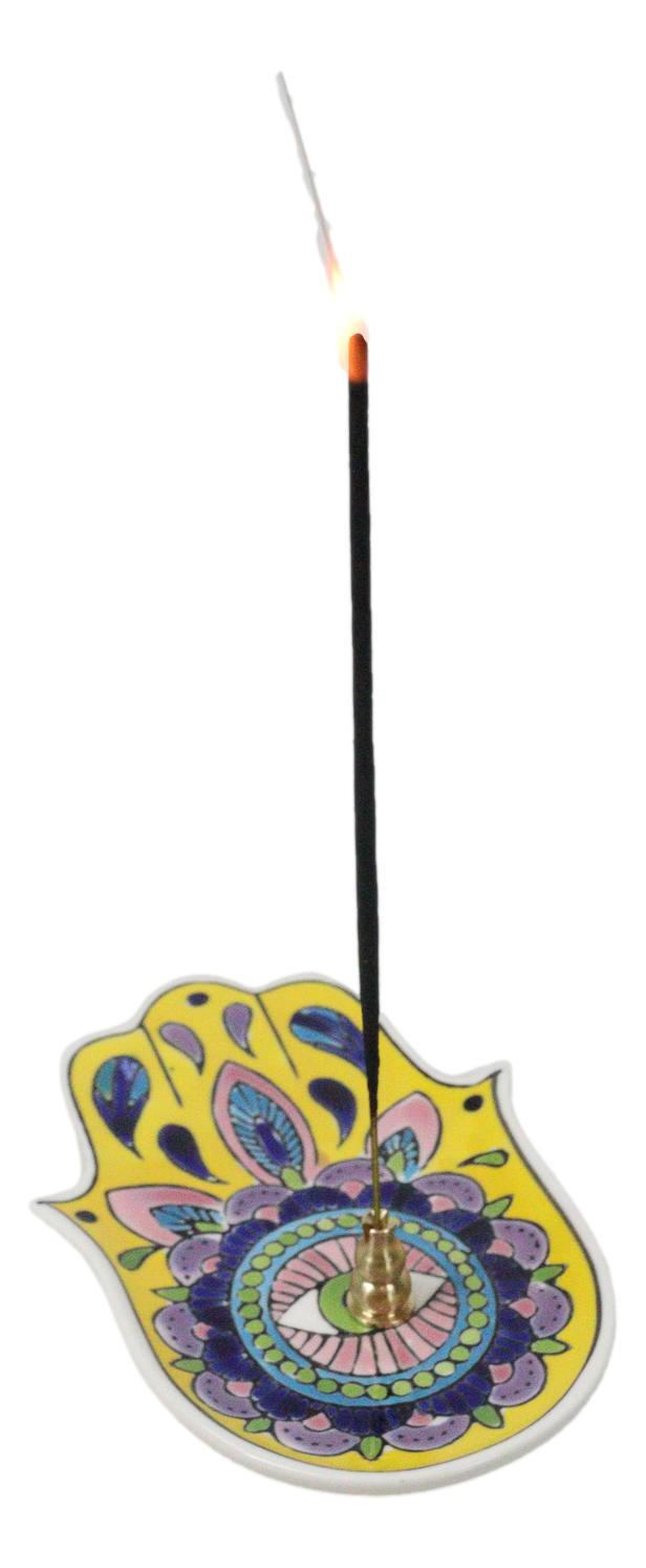 Ebros Gift Yellow Chakra Hamsa Palm Mandala And Evil Eye Ceramic Dish Brass Incense Holder