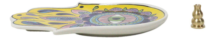 Ebros Gift Yellow Chakra Hamsa Palm Mandala And Evil Eye Ceramic Dish Brass Incense Holder