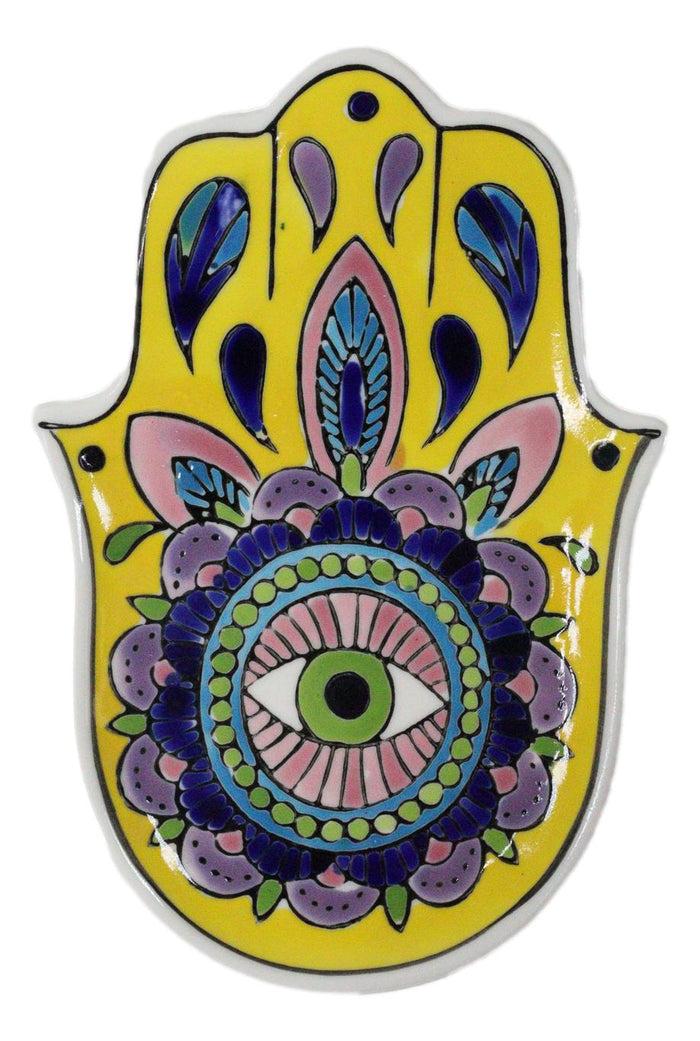 ebros gift Yellow Chakra Hamsa Palm Mandala and Evil Eye Ceramic Dish Brass Incense Holder