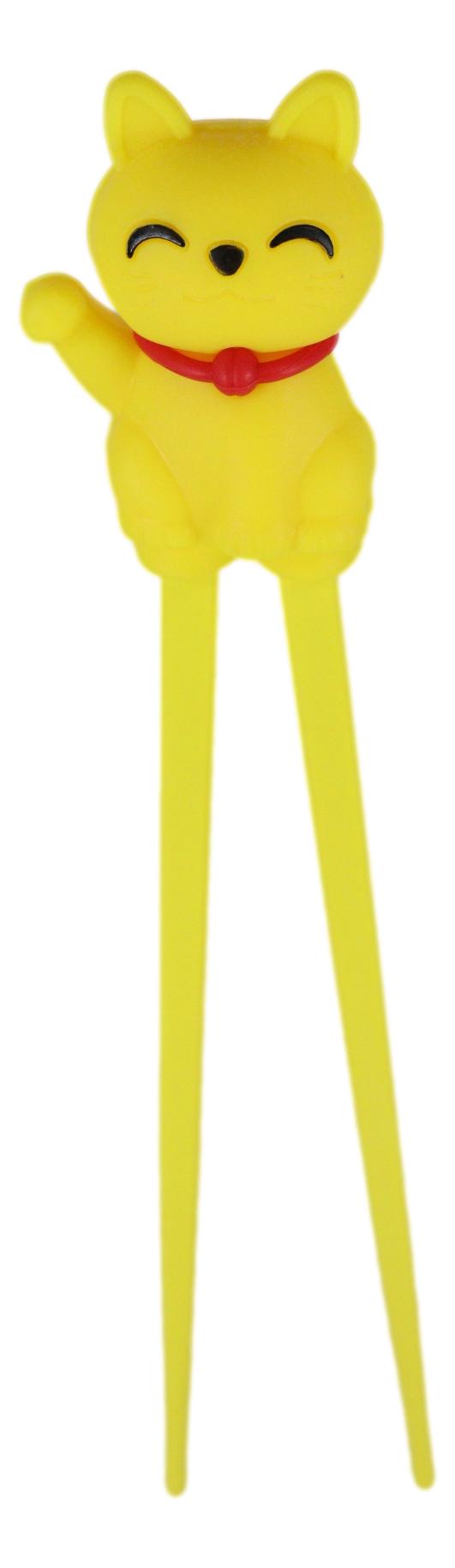 Ebros Gift Yellow Maneki Neko Lucky Cat Reusable Training Chopsticks With Silicone Helper