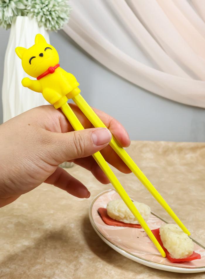 ebros gift Yellow Maneki Neko Lucky Cat Reusable Training Chopsticks With Silicone Helper