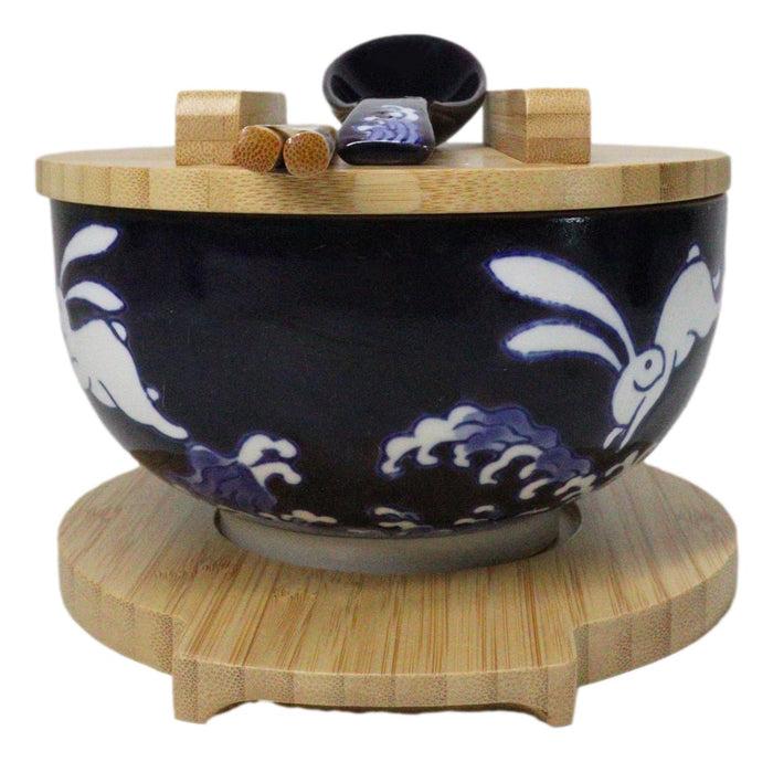 Ebros Gift Yellow Moon White Rabbit Donburi Ramen Bowl With Lid Trivet Spoon Chopsticks Set