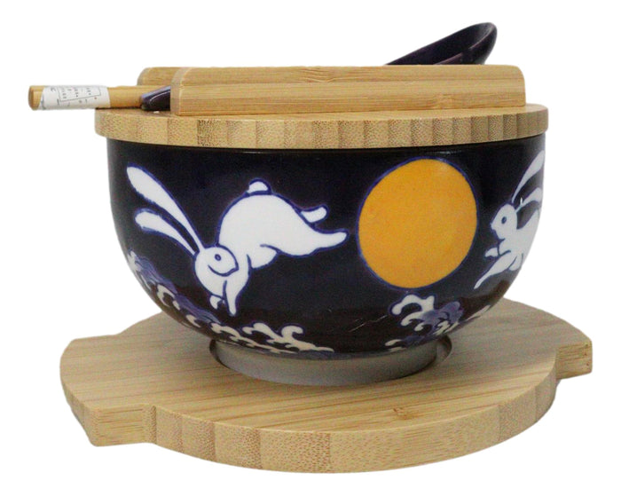Ebros Gift Yellow Moon White Rabbit Donburi Ramen Bowl With Lid Trivet Spoon Chopsticks Set