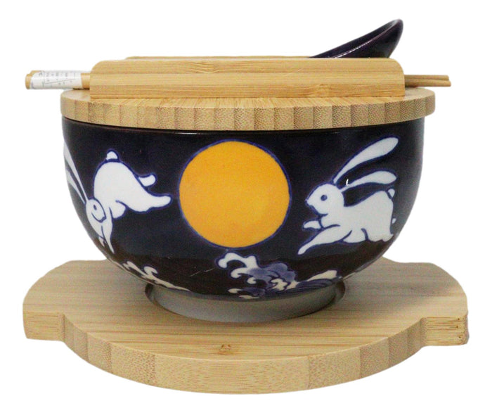ebros gift Yellow Moon White Rabbit Donburi Ramen Bowl With Lid Trivet Spoon Chopsticks Set