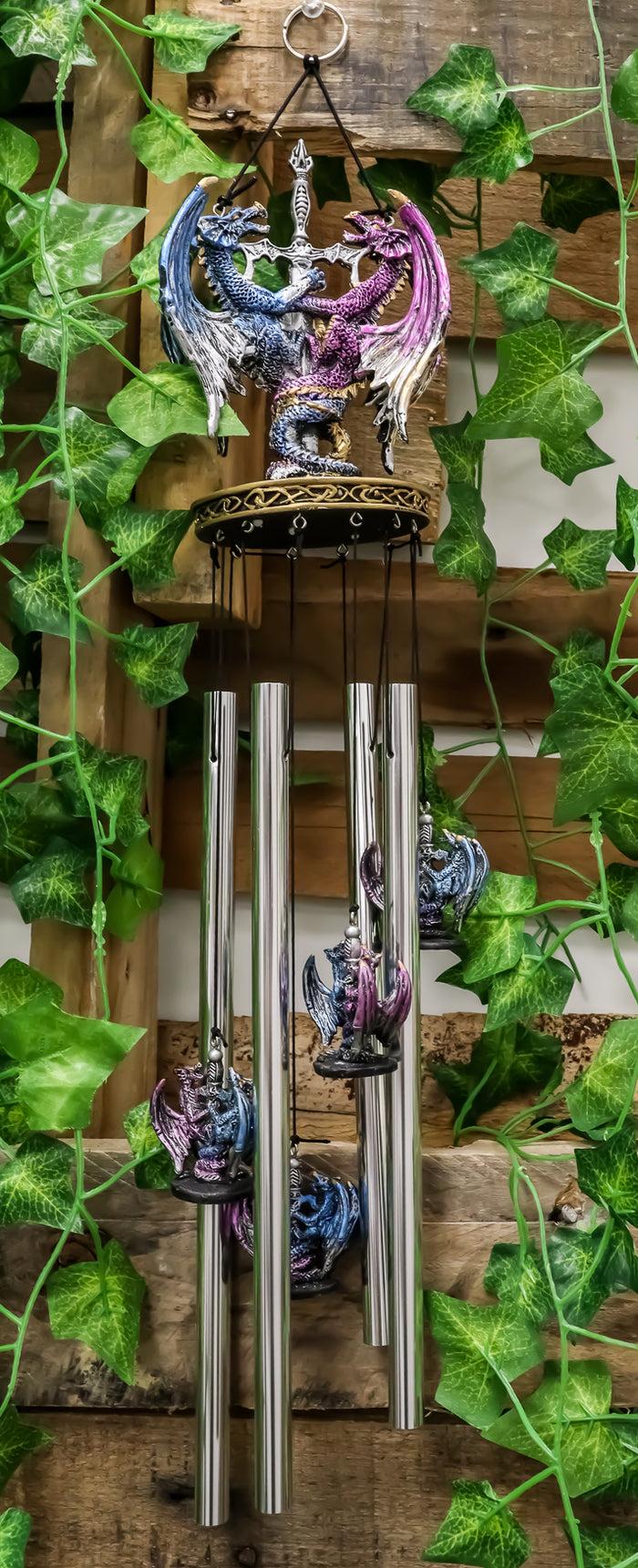 ebros gift Yin Yang Day and Night Twin Dragons Excalibur Sword Wind Chime Home Patio Decor