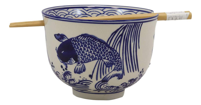 Ebros Gift Zen Pond Koi Fish Waterfall Ramen Noodles 5"D Soup Rice Bowl With Chopsticks Set