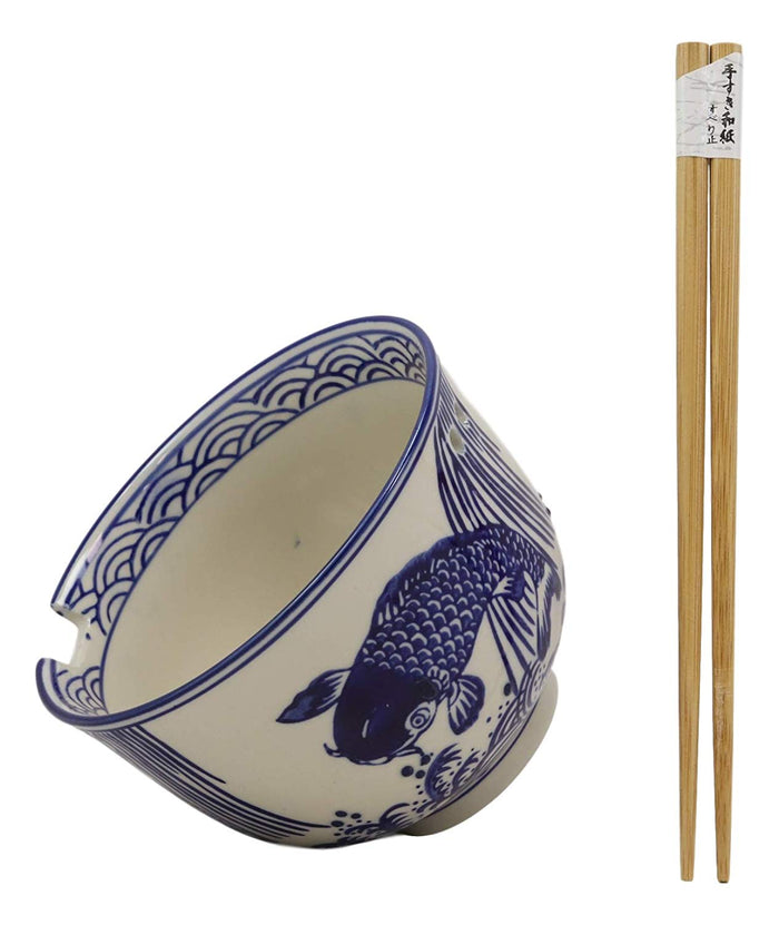 Ebros Gift Zen Pond Koi Fish Waterfall Ramen Noodles 5"D Soup Rice Bowl With Chopsticks Set