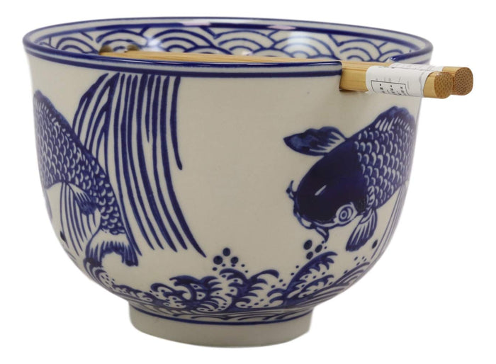 Ebros Gift Zen Pond Koi Fish Waterfall Ramen Noodles 5"D Soup Rice Bowl With Chopsticks Set