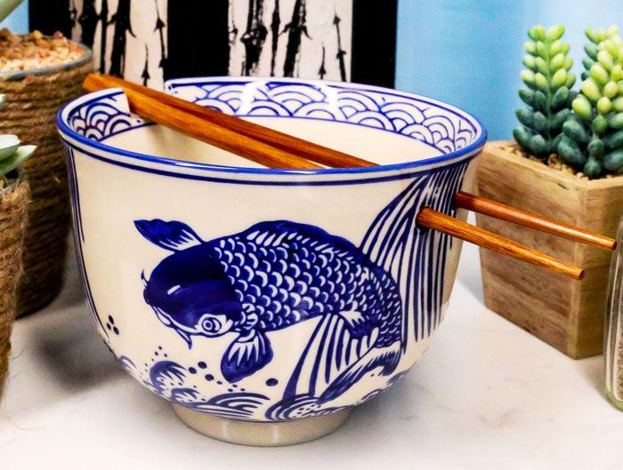 ebros gift Zen Pond Koi Fish Waterfall Ramen Noodles 5"D Soup Rice Bowl With Chopsticks Set