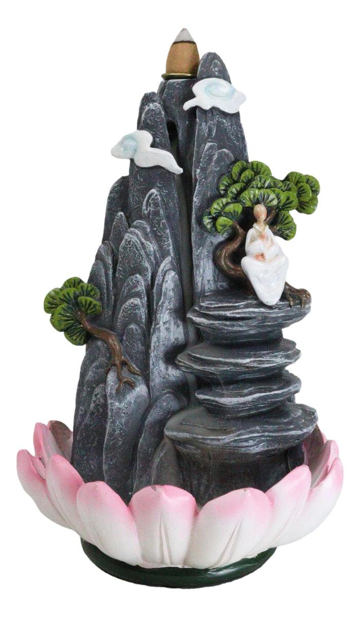 Ebros Gift Zen Rocky Mountain Steppes With Monk On Giant Lotus Backflow Cone Incense Holder