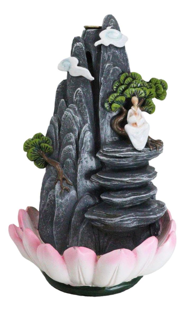 Ebros Gift Zen Rocky Mountain Steppes With Monk On Giant Lotus Backflow Cone Incense Holder
