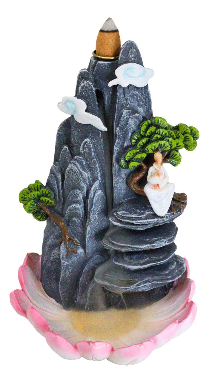 ebros gift Zen Rocky Mountain Steppes With Monk On Giant Lotus Backflow Cone Incense Holder