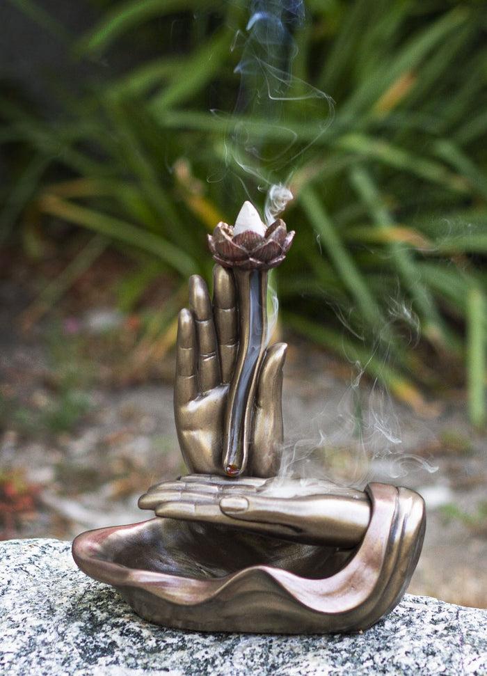 ebros gift Zen Yoga Meditation Buddha Mudra Hands Lotus Flower Backflow Incense Burner