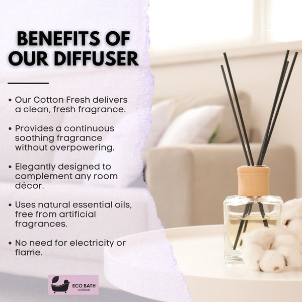 Eco Bath London Eco Bath London Cotton Fresh Reed Diffuser 100ml (3.38 Fl.Oz) - Luxurious Calming Reed Diffuser For Home Fragrance
