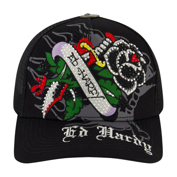 ed hardy Black Rose Rhinestone Trucker Hat
