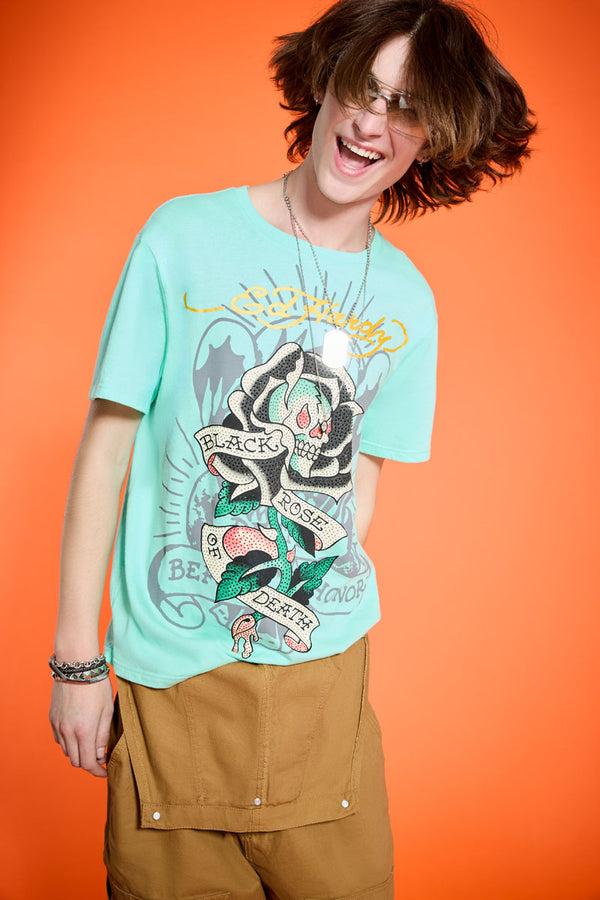 Ed Hardy Black Rose Throwback Rhinestone Tee