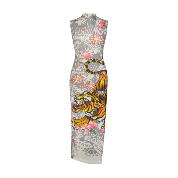ed hardy Crawling Tiger Print Mesh Maxi Dress