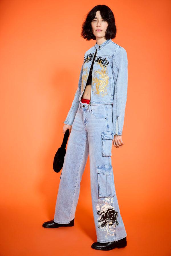 Ed Hardy Dragon Panther Denim Moto Jacket