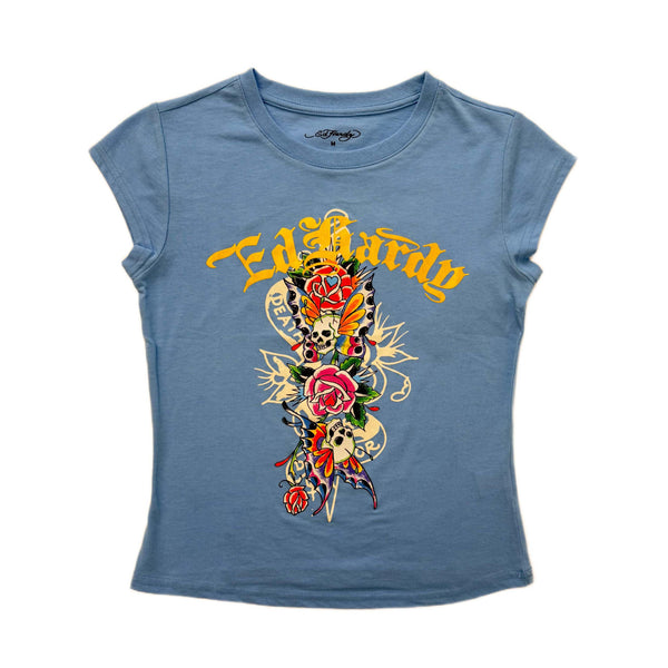 ed hardy Flower Skulls Cap Sleeve Fitted Tee