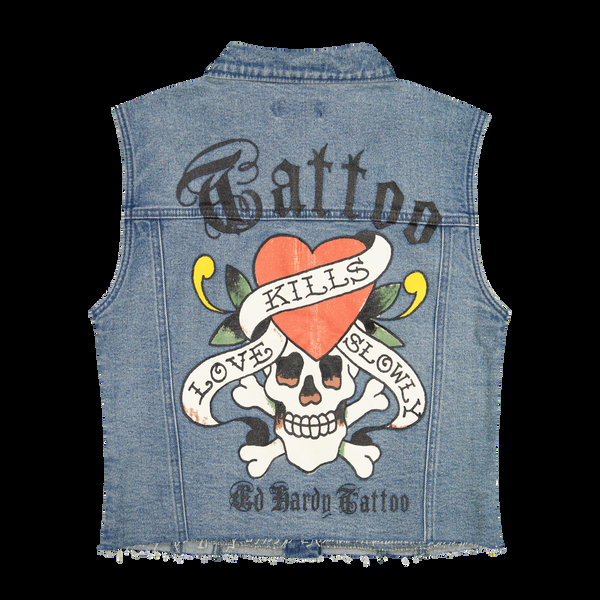 Ed Hardy Heart Cross Trucker Denim Vest