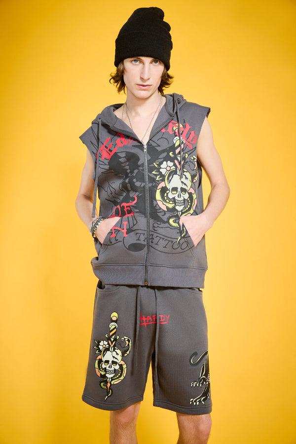 Ed Hardy Panther Skull Fleece Cut Off Hoodie
