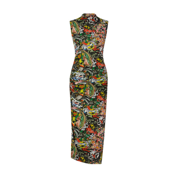 Ed Hardy Tattoo Collage Print Mesh Maxi Dress