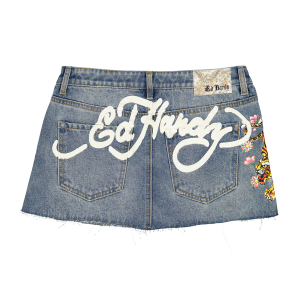 Ed Hardy Tiger Flowers Denim Skirt