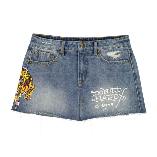 ed hardy Tiger Flowers Denim Skirt