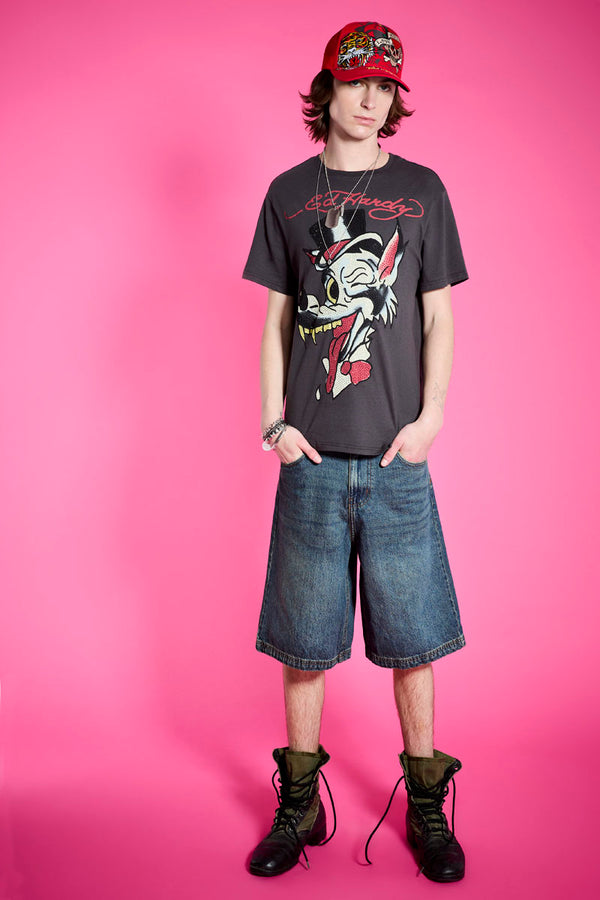 Ed Hardy Wolf Head Throwback Rhinestone Tee