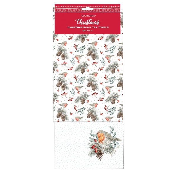 eddingtons CHRISTMAS ROBIN SET OF 2 TEA TOWELS