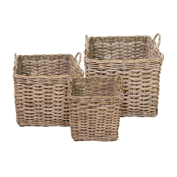 eddingtons RATTAN SQUARE GREY KUBU LOG BASKETS SET OF 3