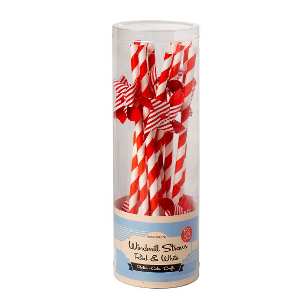 eddingtons RED & WHITE ROTATING PAPER WINDMILL STRAWS SET OF 12
