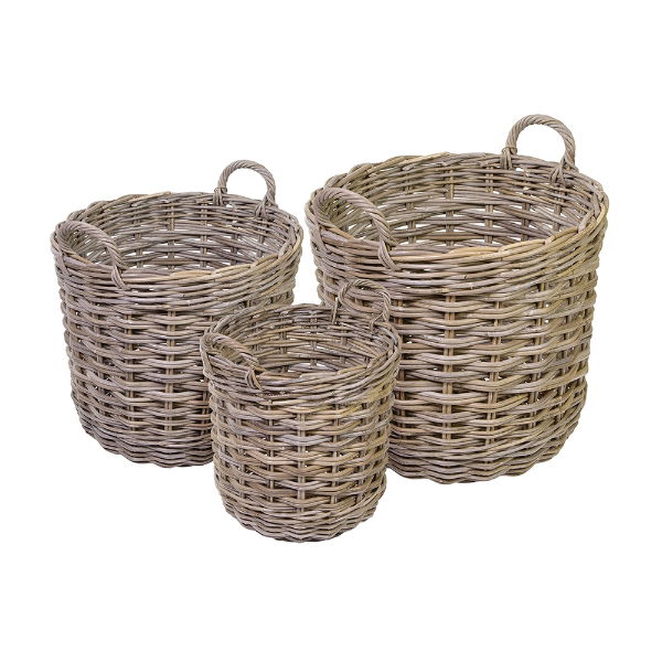 eddingtons ROUND GREY KUBU RATTAN LOG BASKET SET OF 3