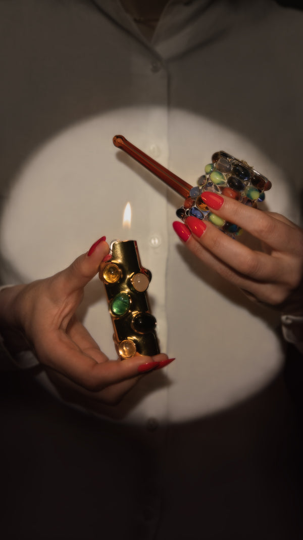 Edie Parker Edie Parker X Wes Anderson's Phoenician Scheme Lighter Case In Gold Multi-stone