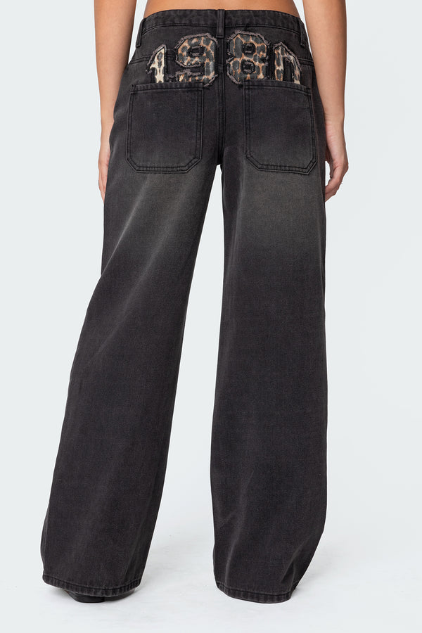 Edikted 1980 Leopard Patch Low Rise Jeans Black Washed