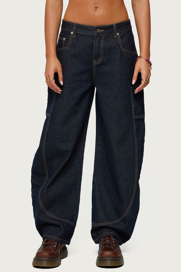 Edikted Aden Contrast Stitch Barrel Jeans Dark Blue