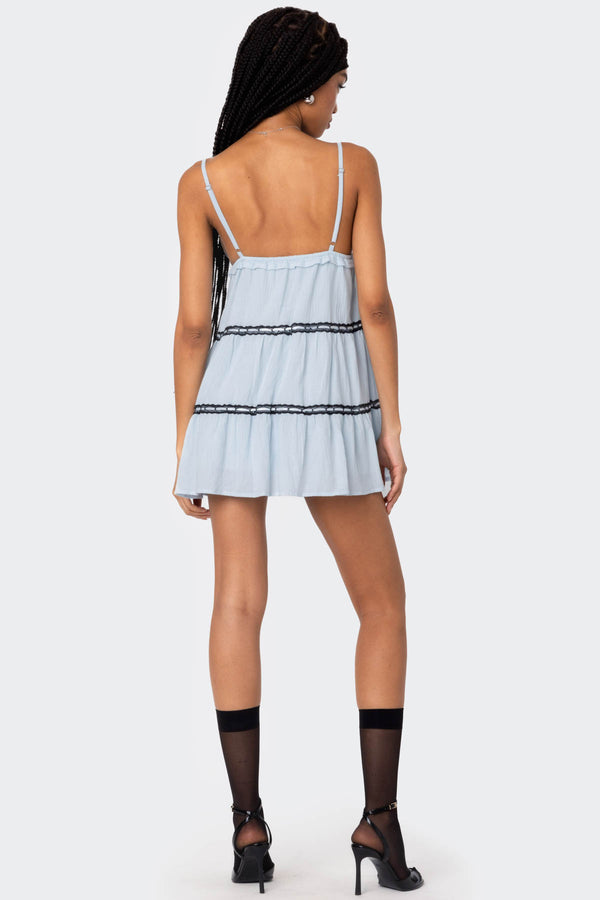 Edikted Angelica Tiered Ribbon Mini Dress Light Blue