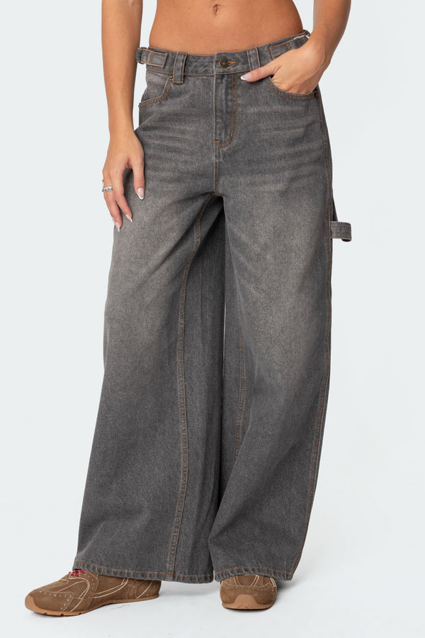 Edikted Baggy Washed Low Rise Carpenter Jeans Gray Washed
