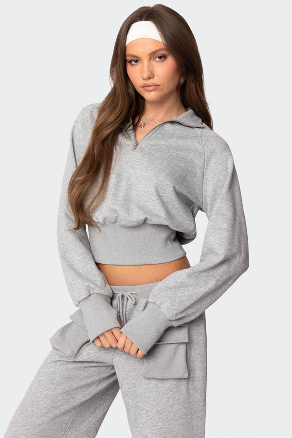 Edikted Bailey French Terry Quarter Zip Top Gray Melange
