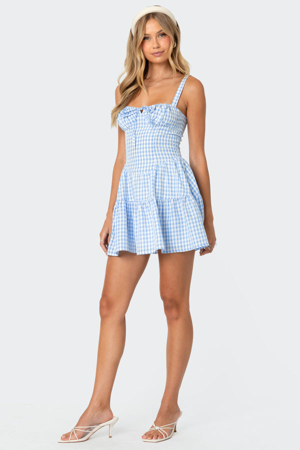 Edikted Basil Cupped Gingham Mini Dress Blue And White
