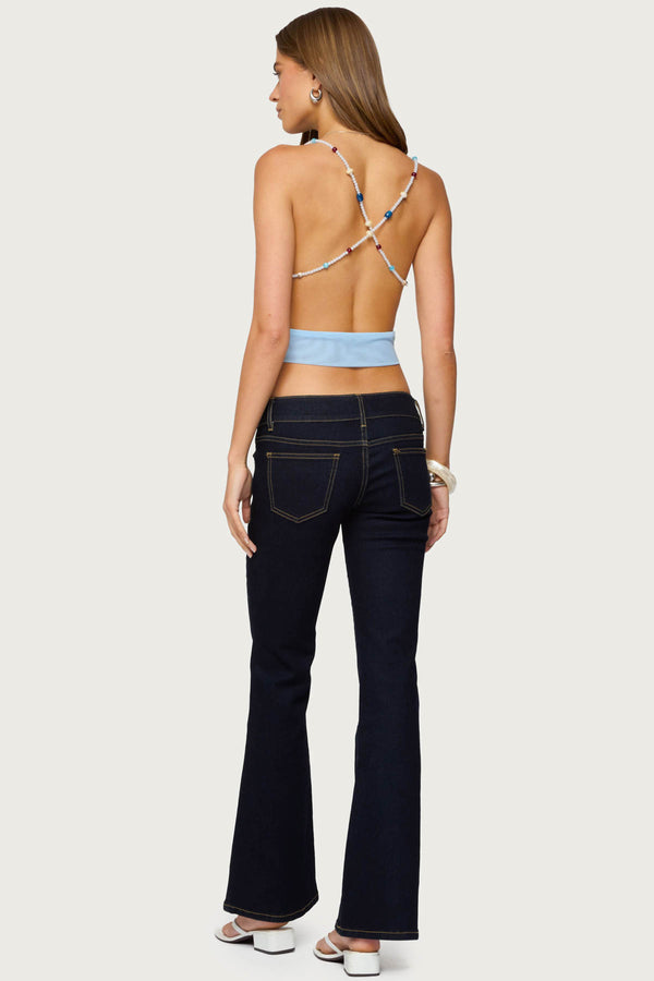 Edikted Beaded Deep Cowl Neck Backless Top Light Blue