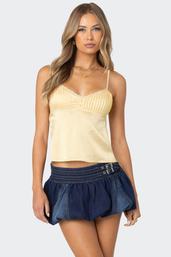 edikted Blanca Satin Effect Lace Trim Tank Top yellow