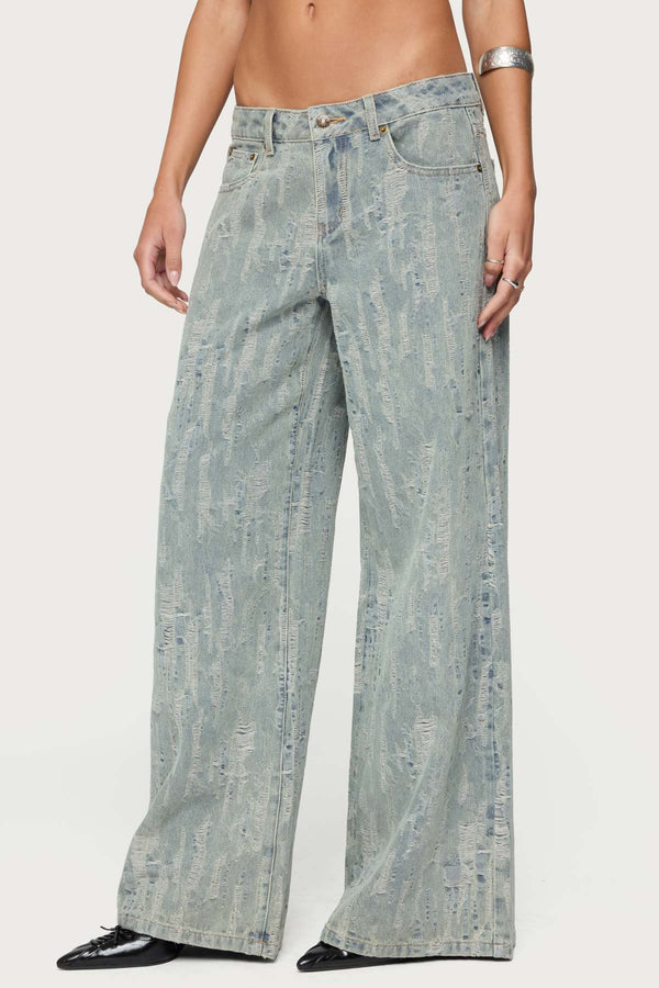 Edikted Blaze Distressed Low Rise Jeans Blue Washed