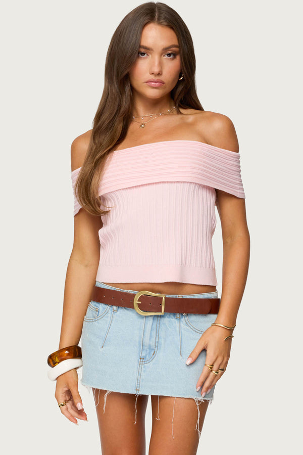 edikted Blythe Ribbed Knit Fold Over Top light pink